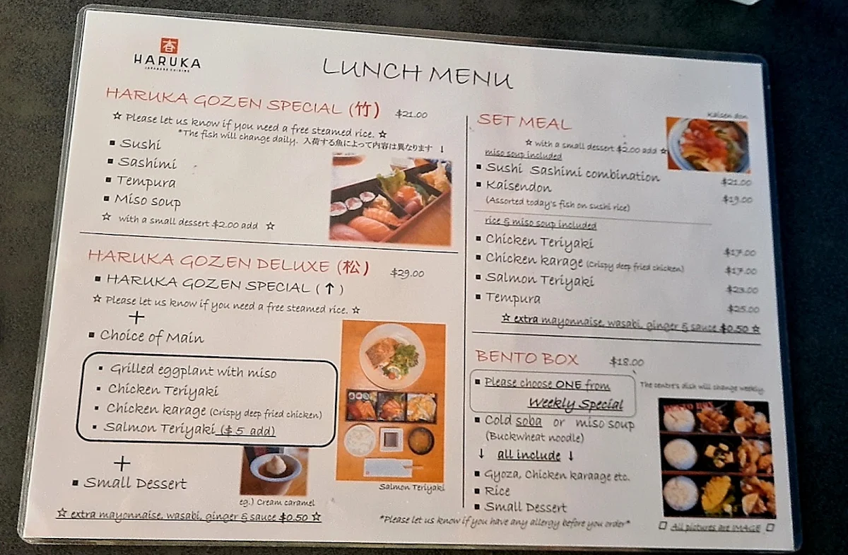 Menu, Haruka Japanese Cuisine