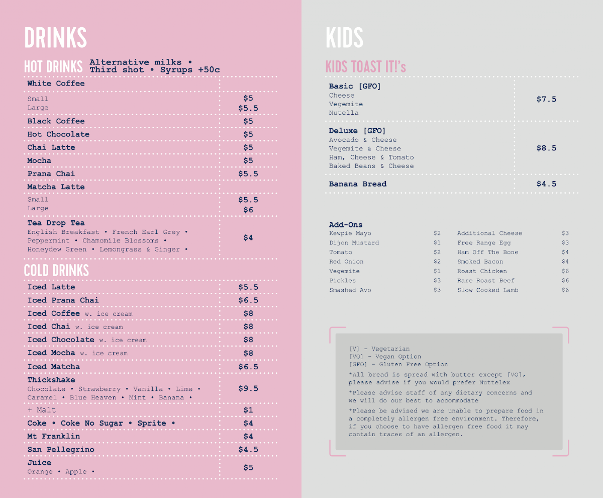 Menu, TOAST IT! Moorabbin