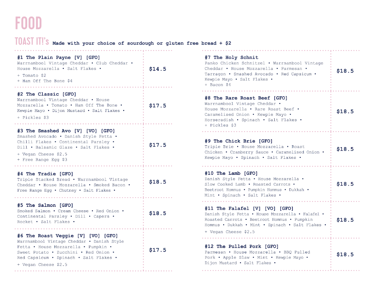 Menu, TOAST IT! Moorabbin