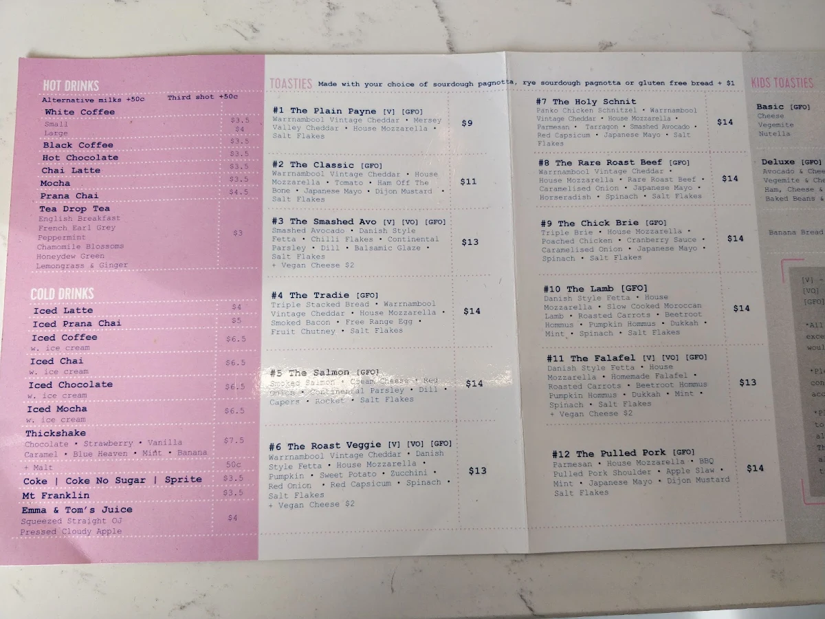 Menu, TOAST IT! Moorabbin