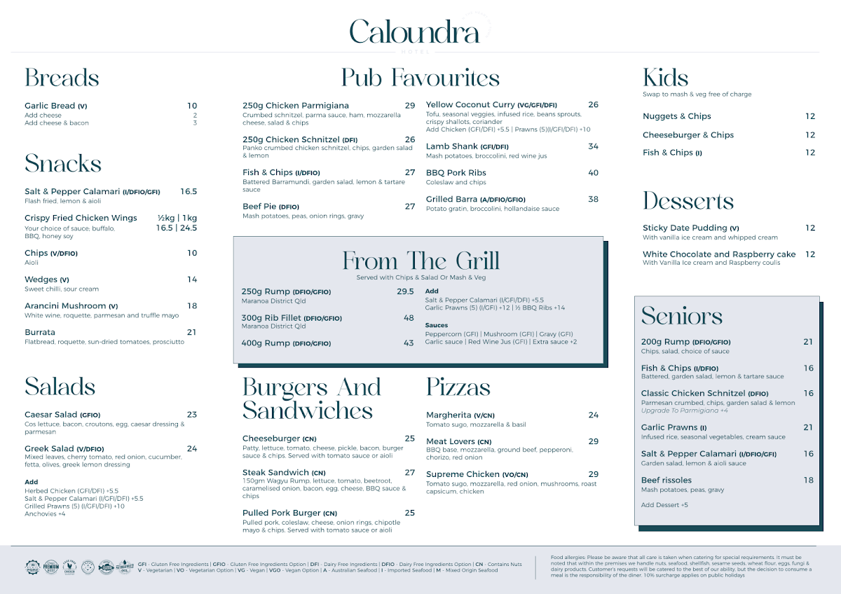 Menu, Caloundra Hotel