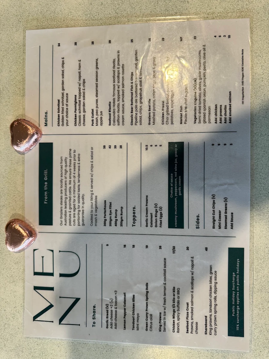 Menu, Caloundra Hotel