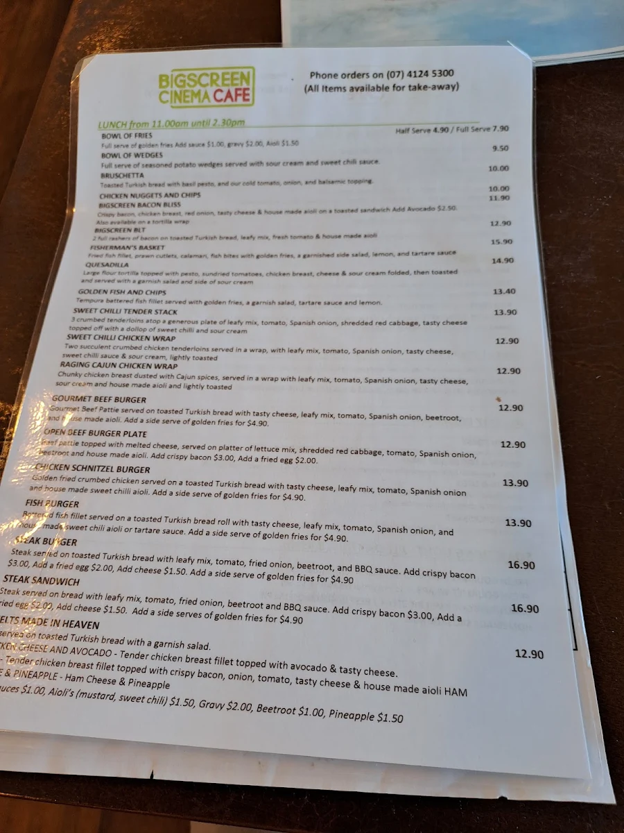 Menu, BigScreen Cinemas Cafe