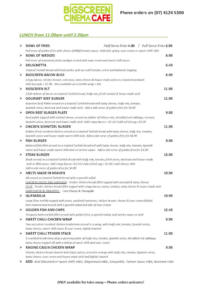Menu, BigScreen Cinemas Cafe