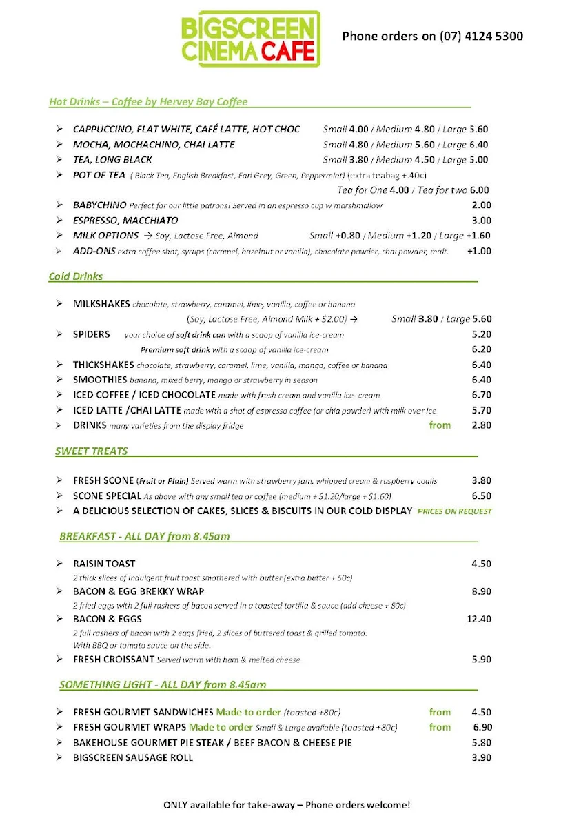 Menu, BigScreen Cinemas Cafe