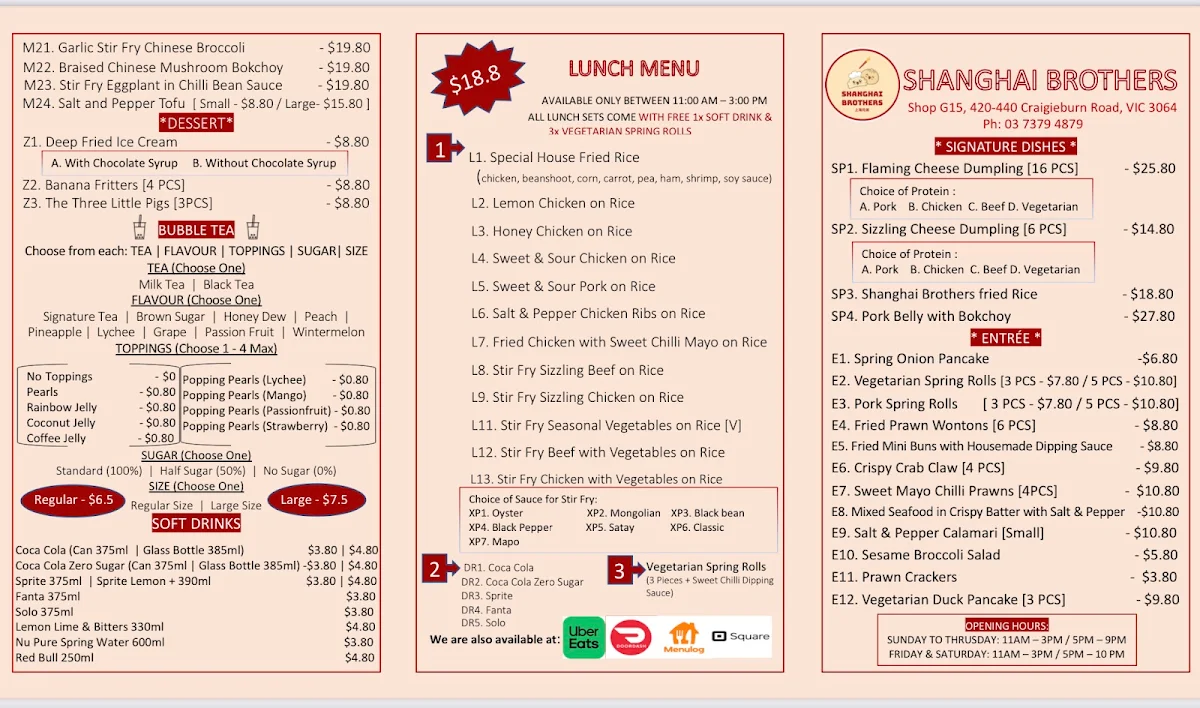 Menu, Shanghai Brothers