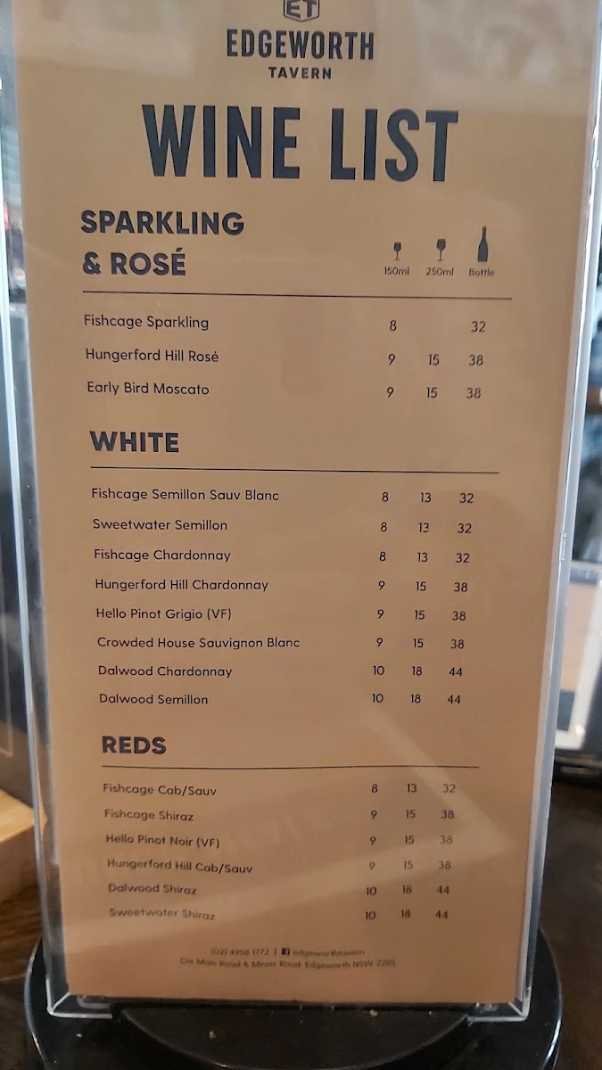 Menu, Edgeworth Tavern