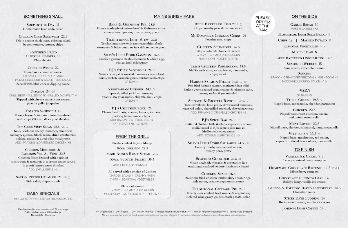 Menu, P.J.O'Brien's