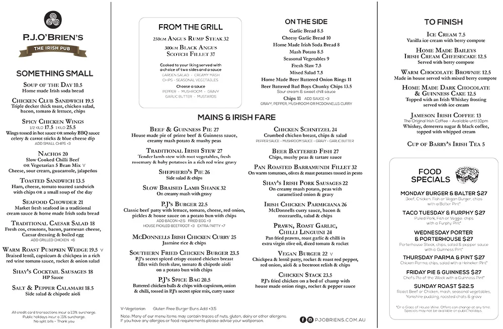 Menu, P.J.O'Brien's