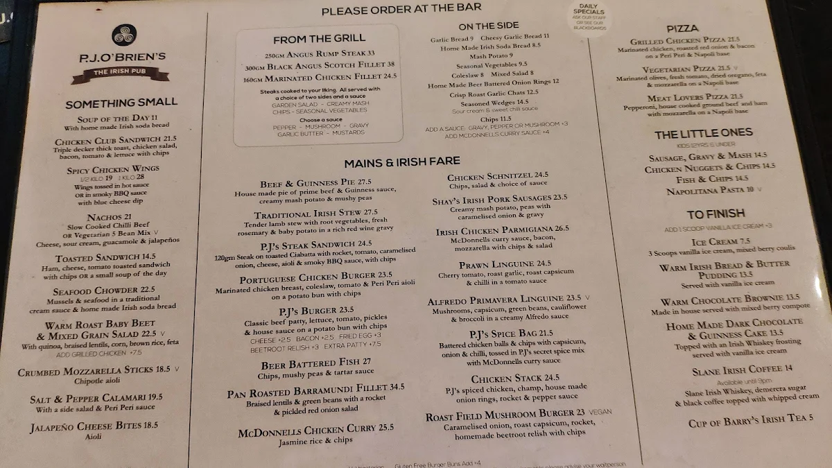 Menu, P.J.O'Brien's