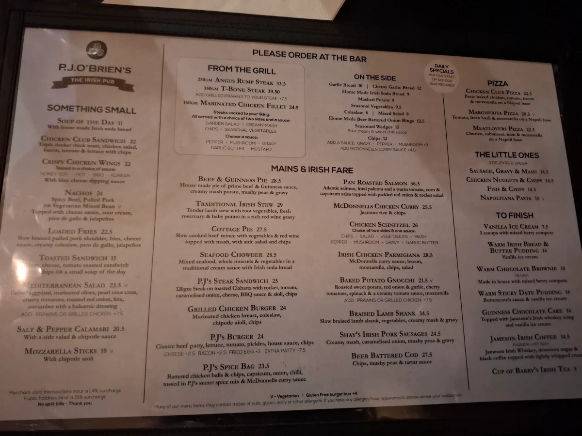 Menu, P.J.O'Brien's