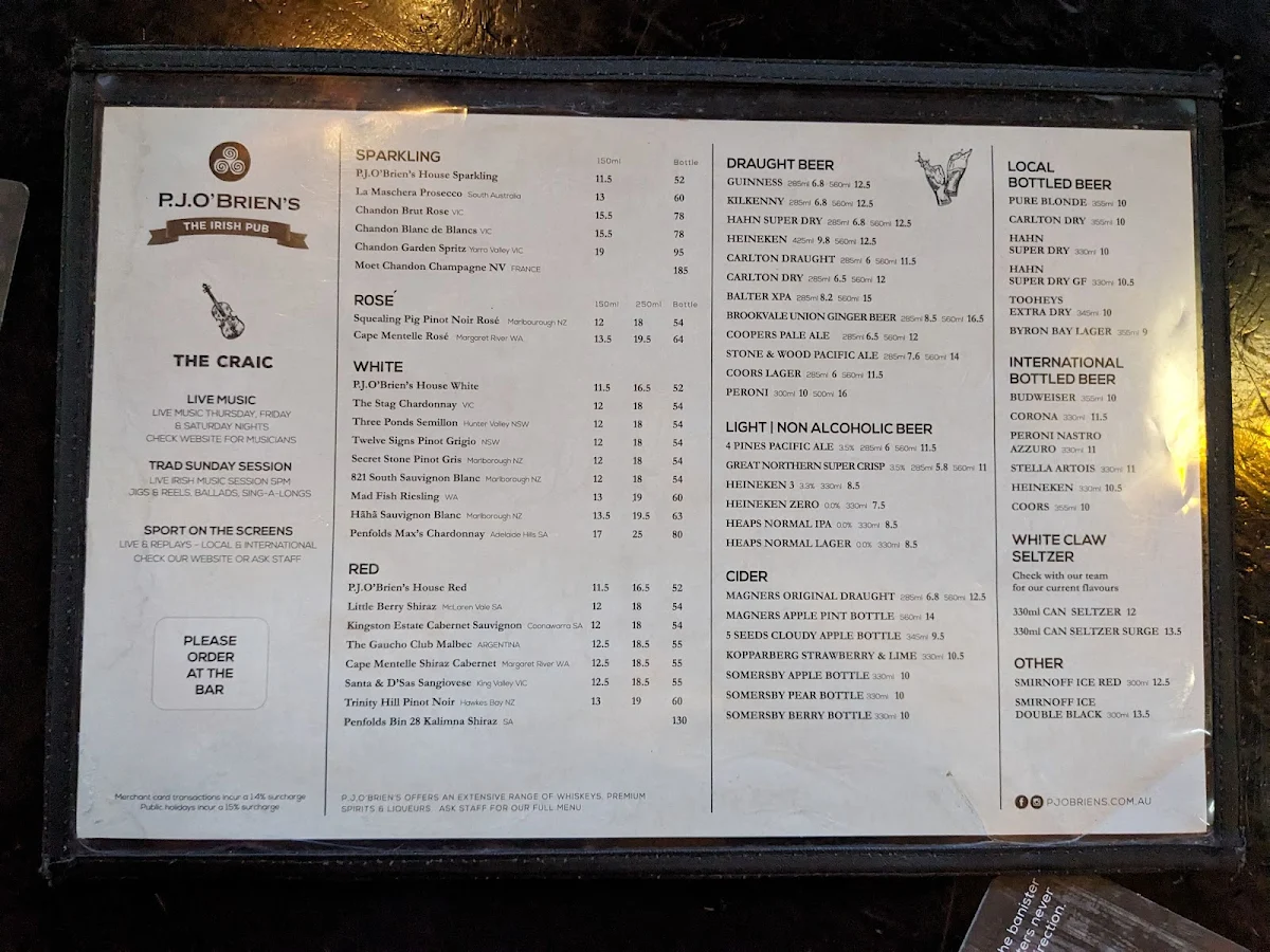 Menu, P.J.O'Brien's