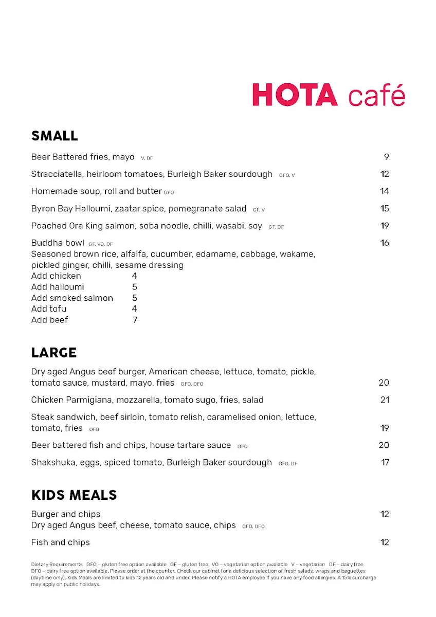 Menu, HOTA Café