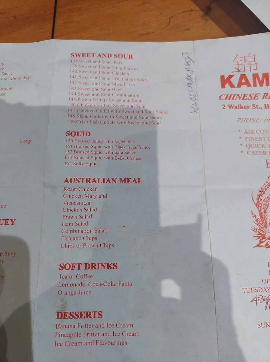 Menu, Kam Tim Restaurant