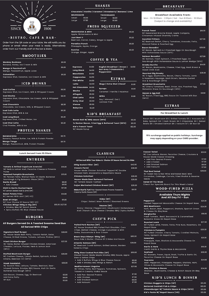 Menu, Wyong Milk Factory