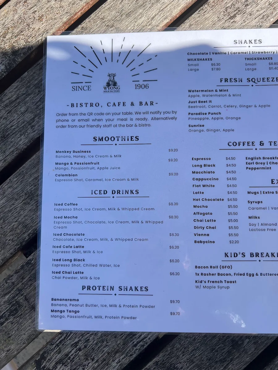 Menu, Wyong Milk Factory