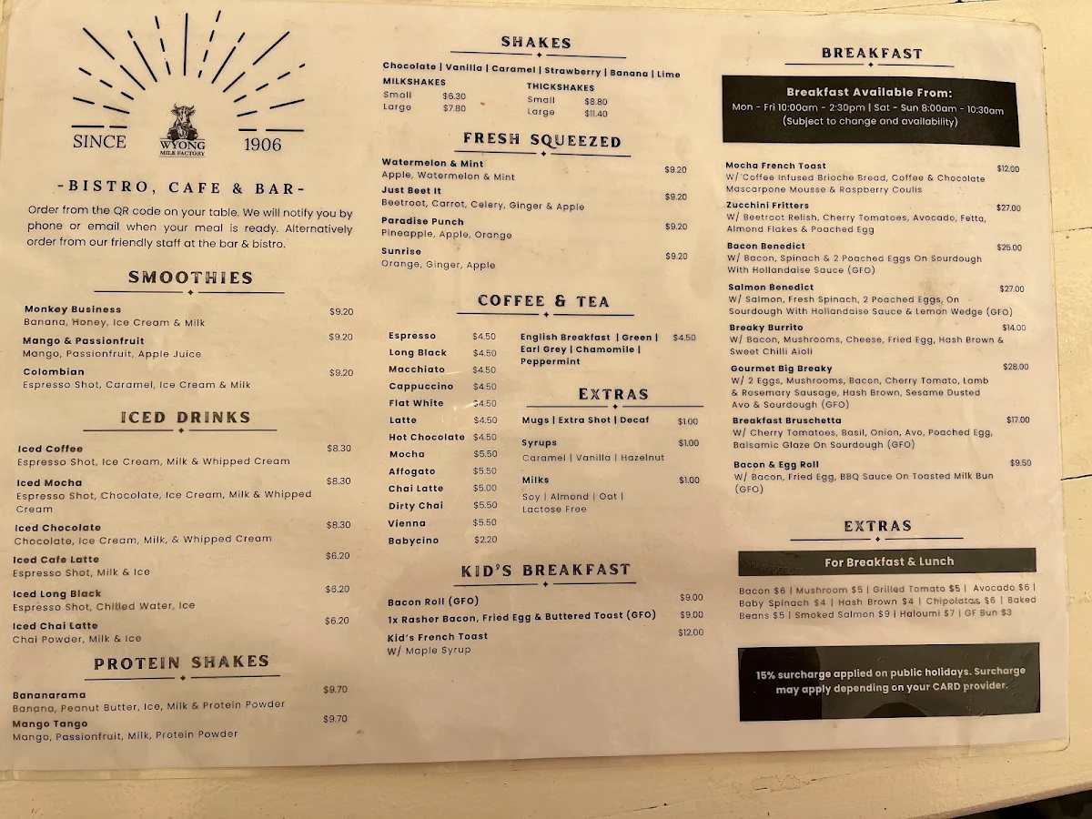 Menu, Wyong Milk Factory