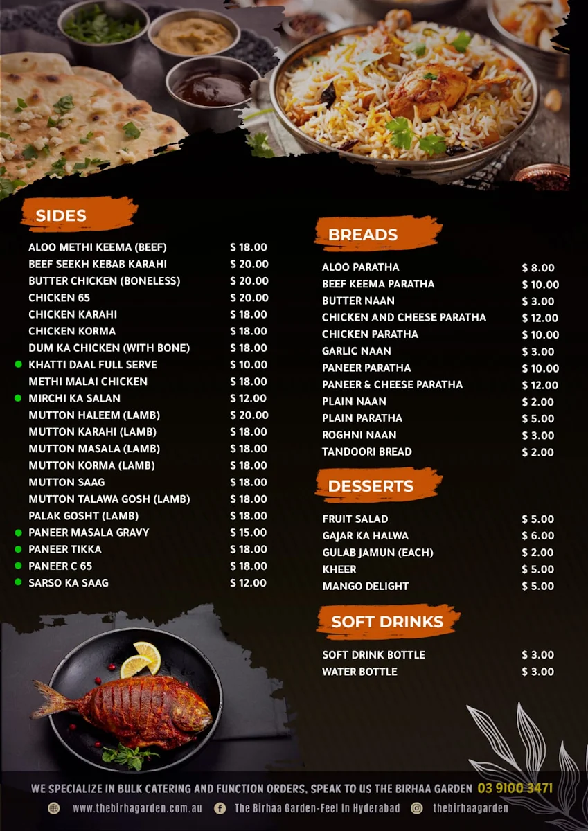 Menu, The Birhaa Garden