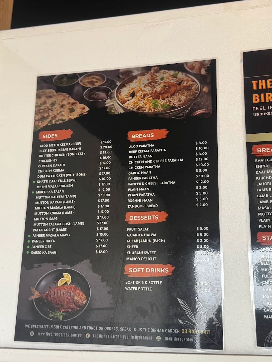 Menu, The Birhaa Garden