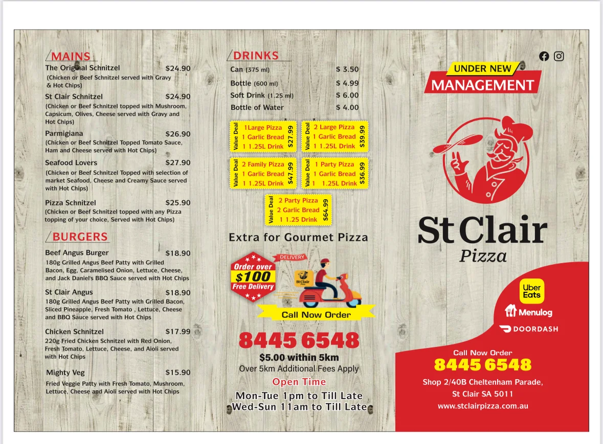 Menu, St Clair Pizza