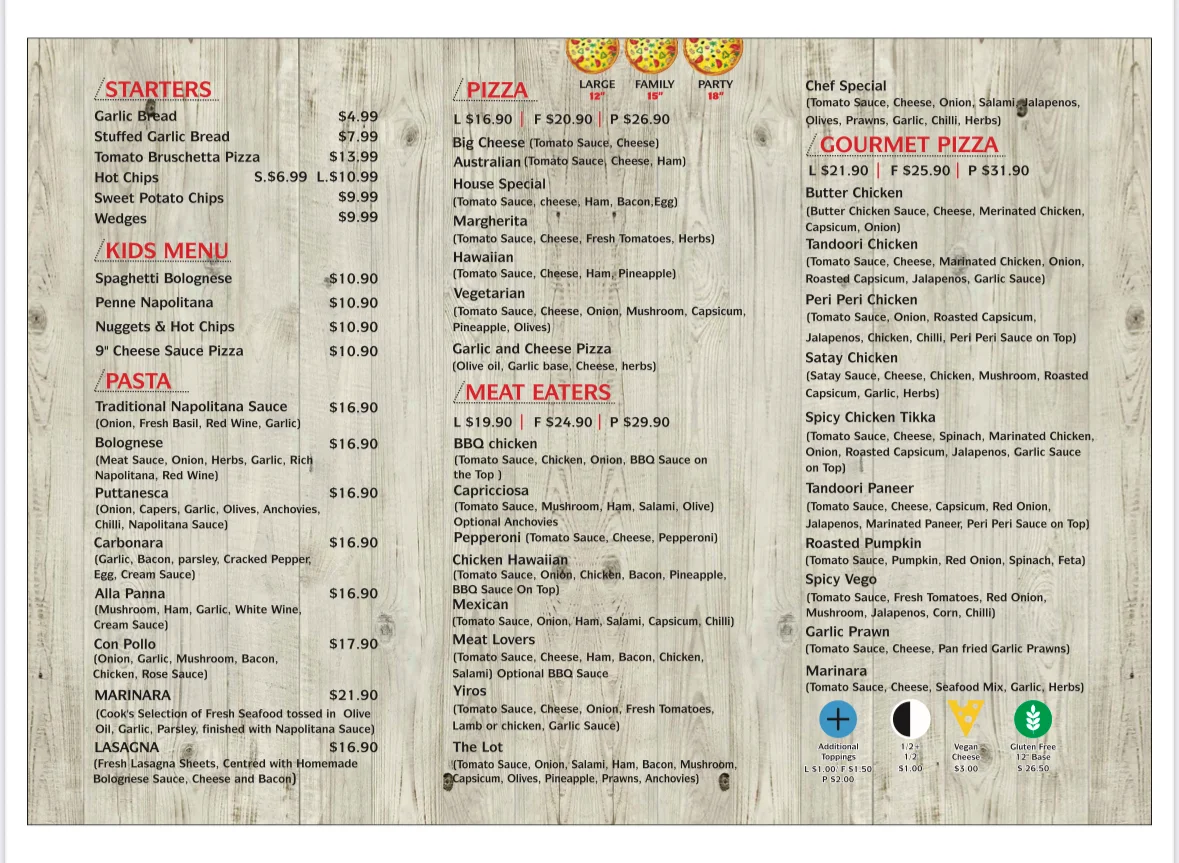 Menu, St Clair Pizza