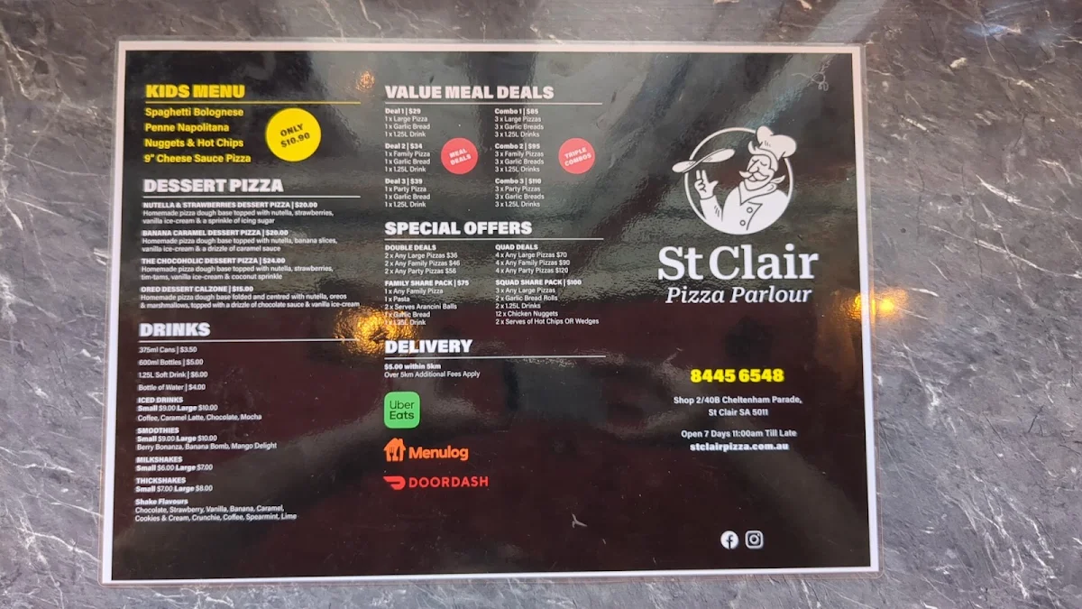 Menu, St Clair Pizza