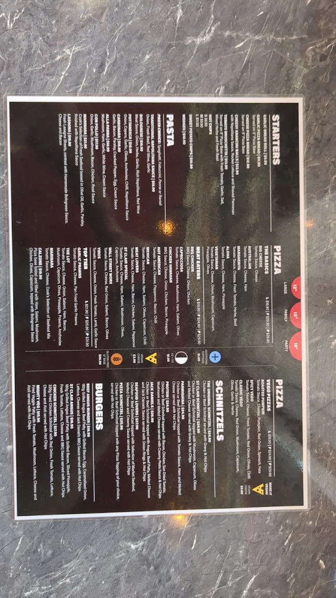 Menu, St Clair Pizza