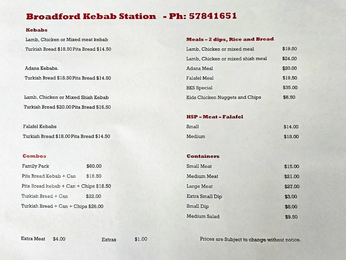 Menu, Broadford Kebab Station