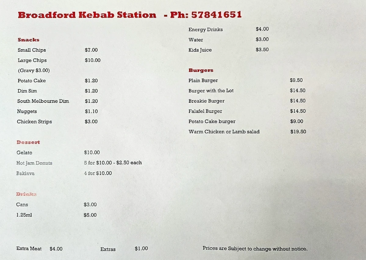 Menu, Broadford Kebab Station