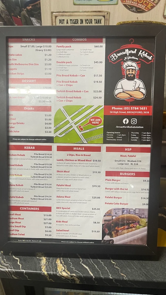 Menu, Broadford Kebab Station
