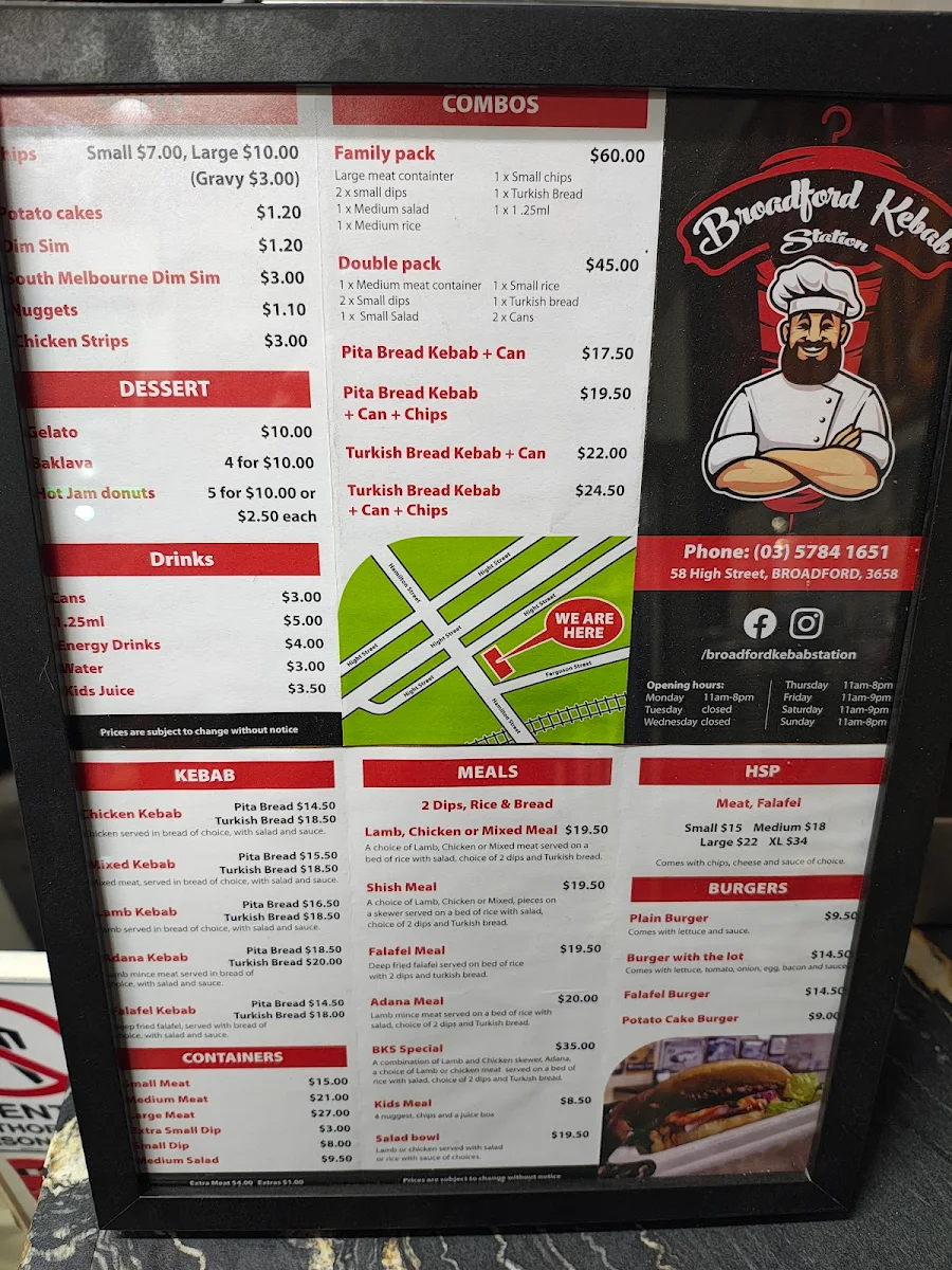 Menu, Broadford Kebab Station