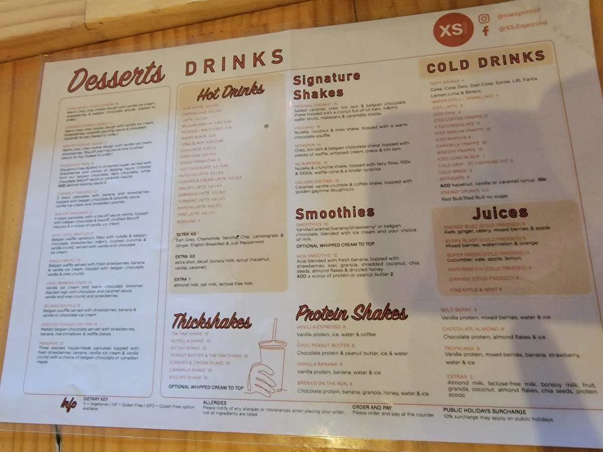 Menu, XS Espresso North Parramatta