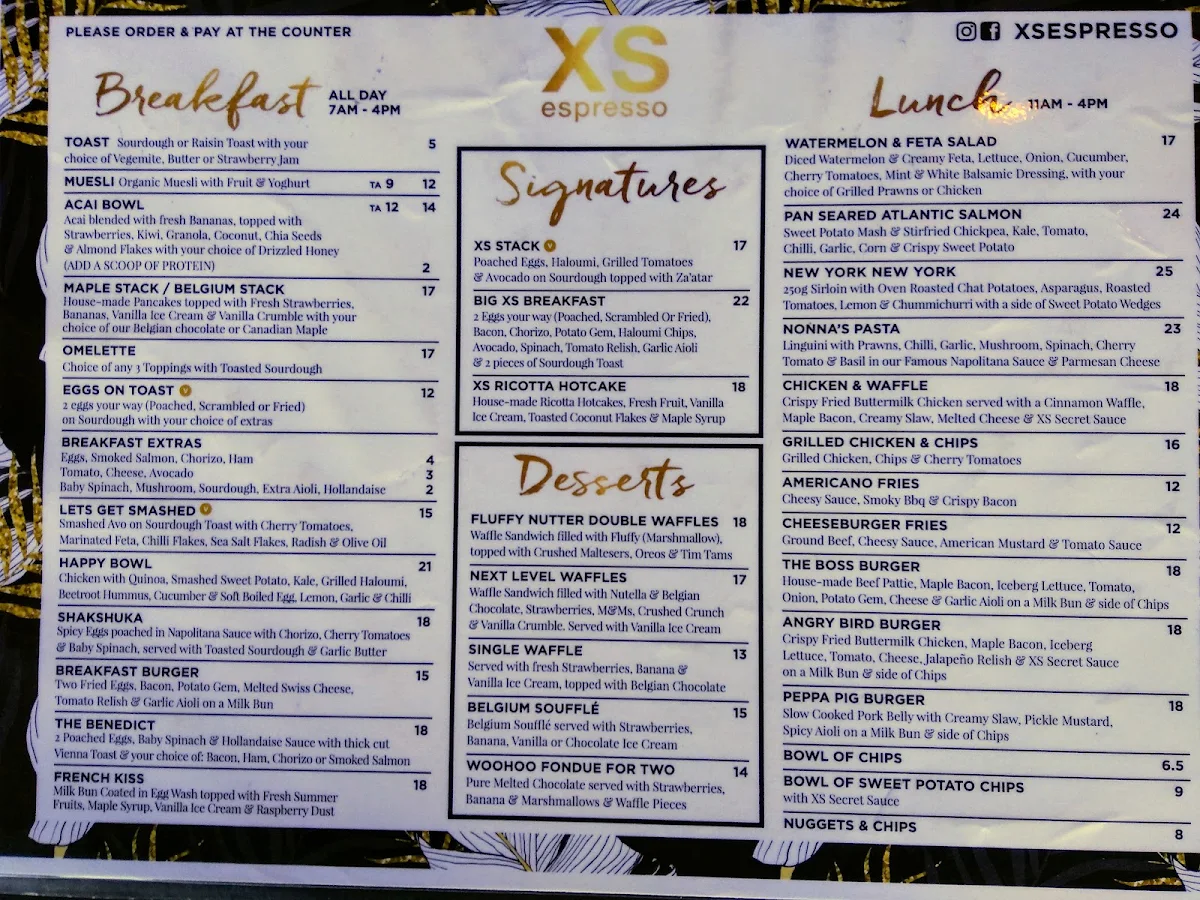 Menu, XS Espresso North Parramatta