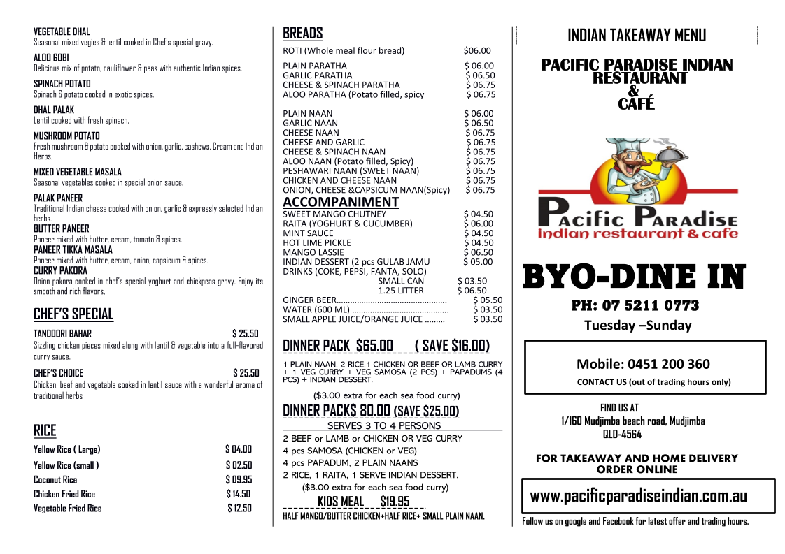 Menu, Pacific paradise Indian restaurant & cafe