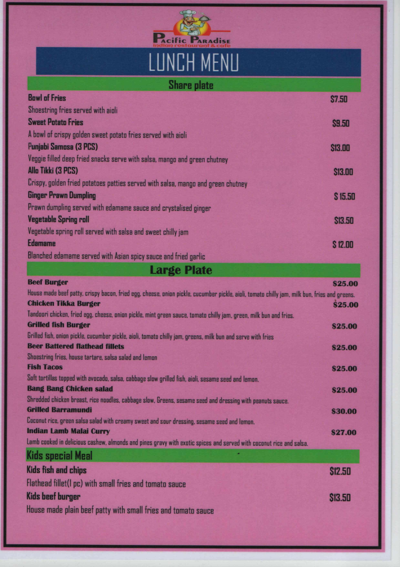 Menu, Pacific paradise Indian restaurant & cafe