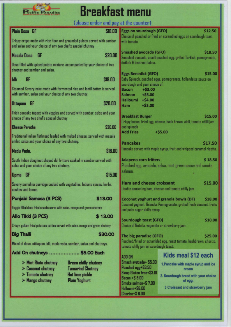 Menu, Pacific paradise Indian restaurant & cafe
