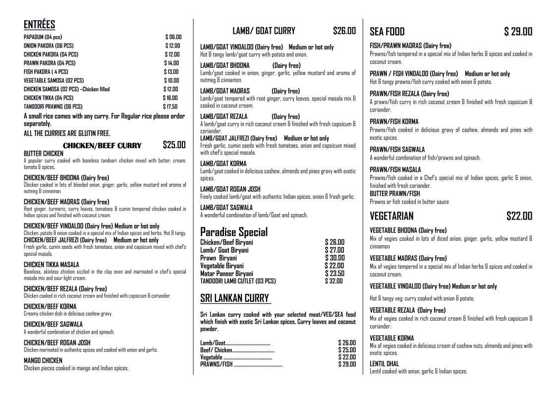 Menu, Pacific paradise Indian restaurant & cafe