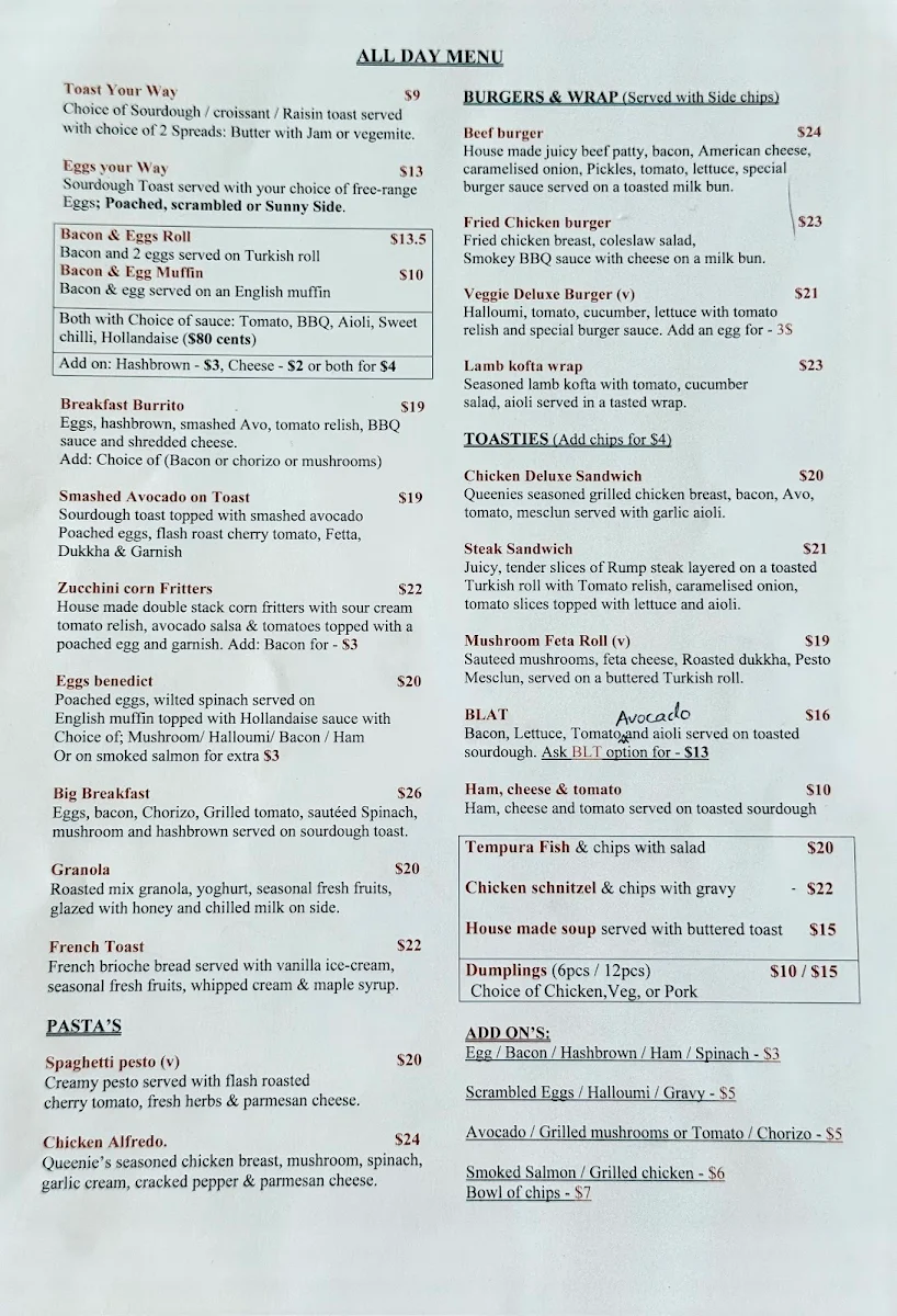 Menu, Queenie's Cafe