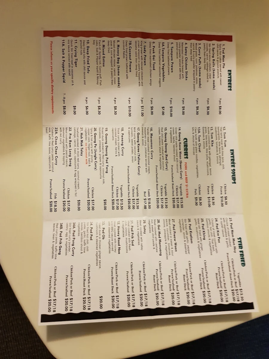 Menu, Gerringong Thai Restaurant