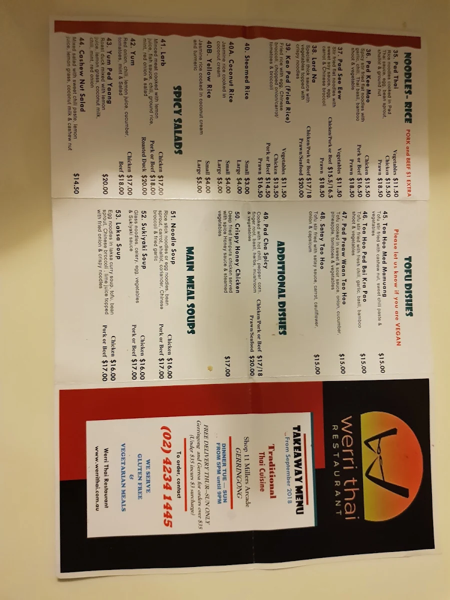 Menu, Gerringong Thai Restaurant