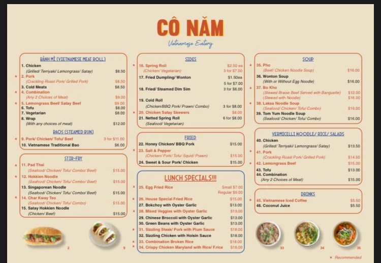 Menu, Co Nam Vietnamese Eatery Findon