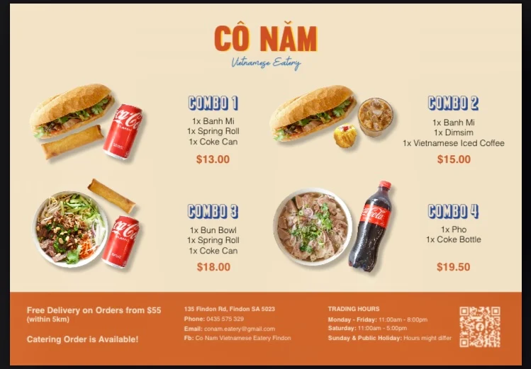 Menu, Co Nam Vietnamese Eatery Findon