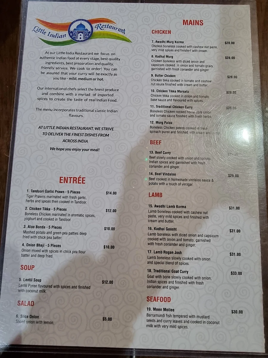 Menu, Little Indian Restaurant