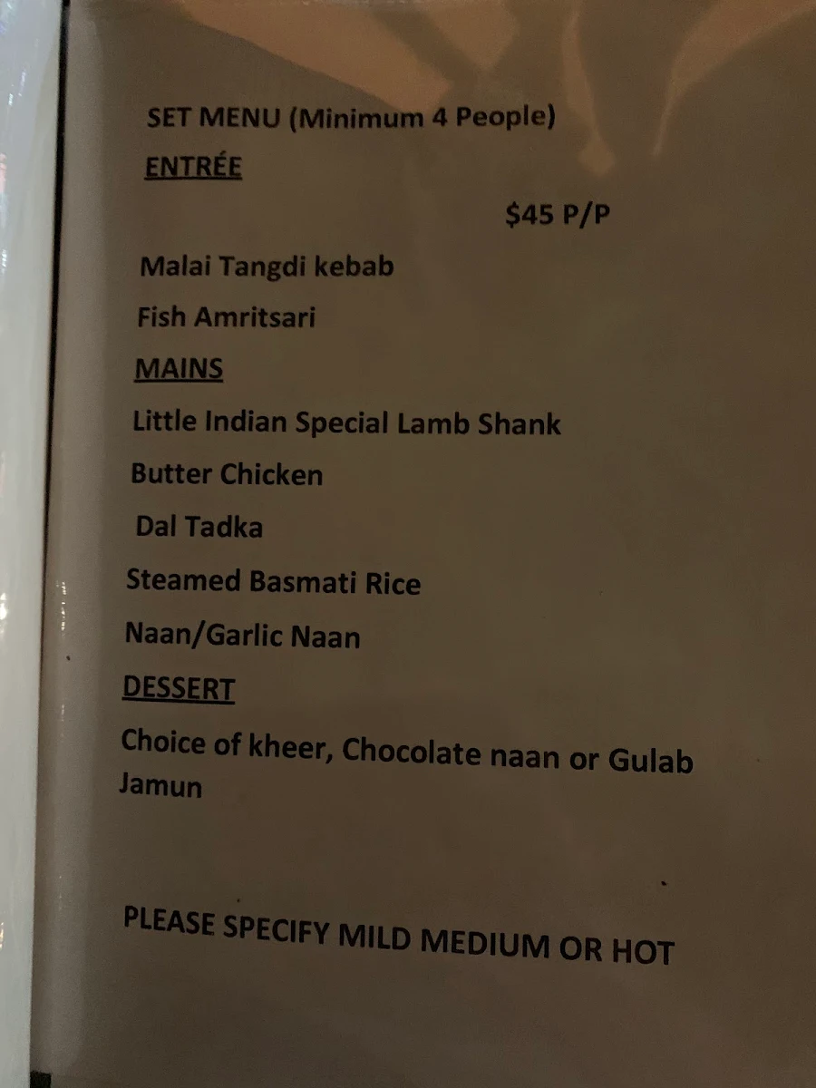 Menu, Little Indian Restaurant