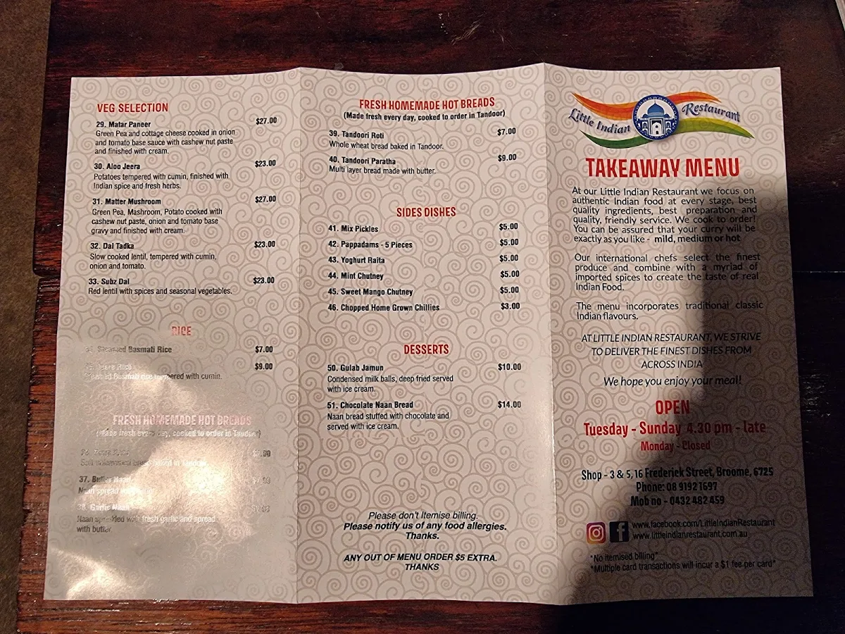 Menu, Little Indian Restaurant