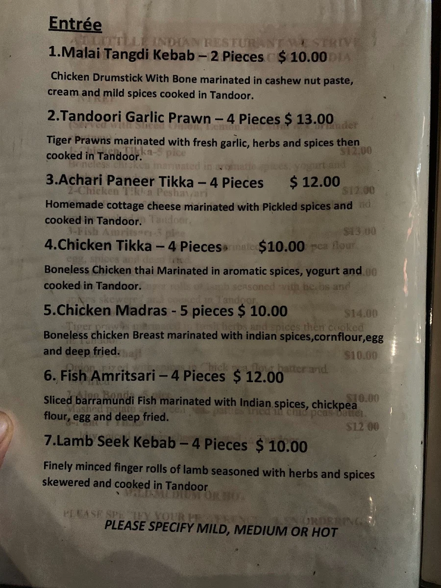 Menu, Little Indian Restaurant