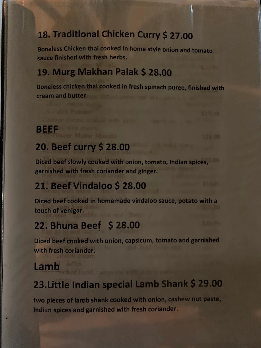 Menu, Little Indian Restaurant