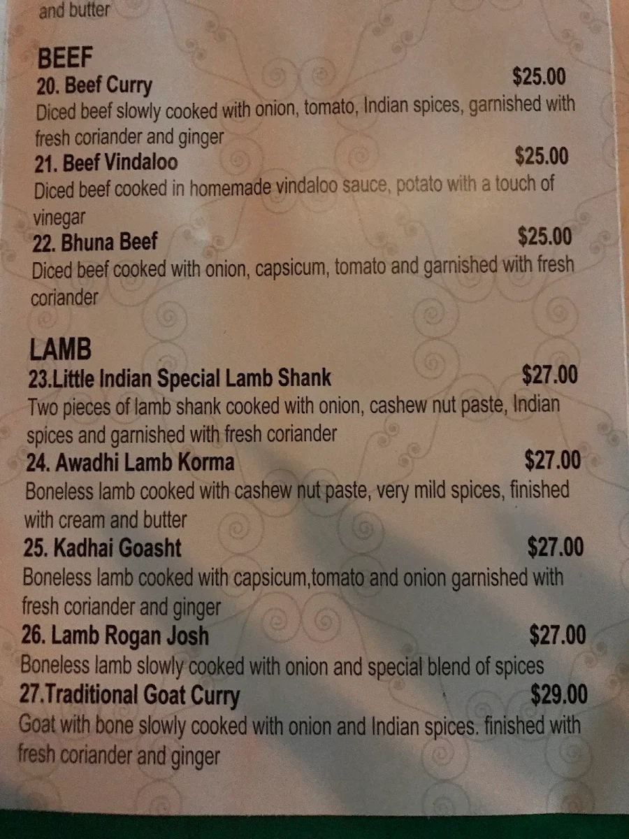 Menu, Little Indian Restaurant