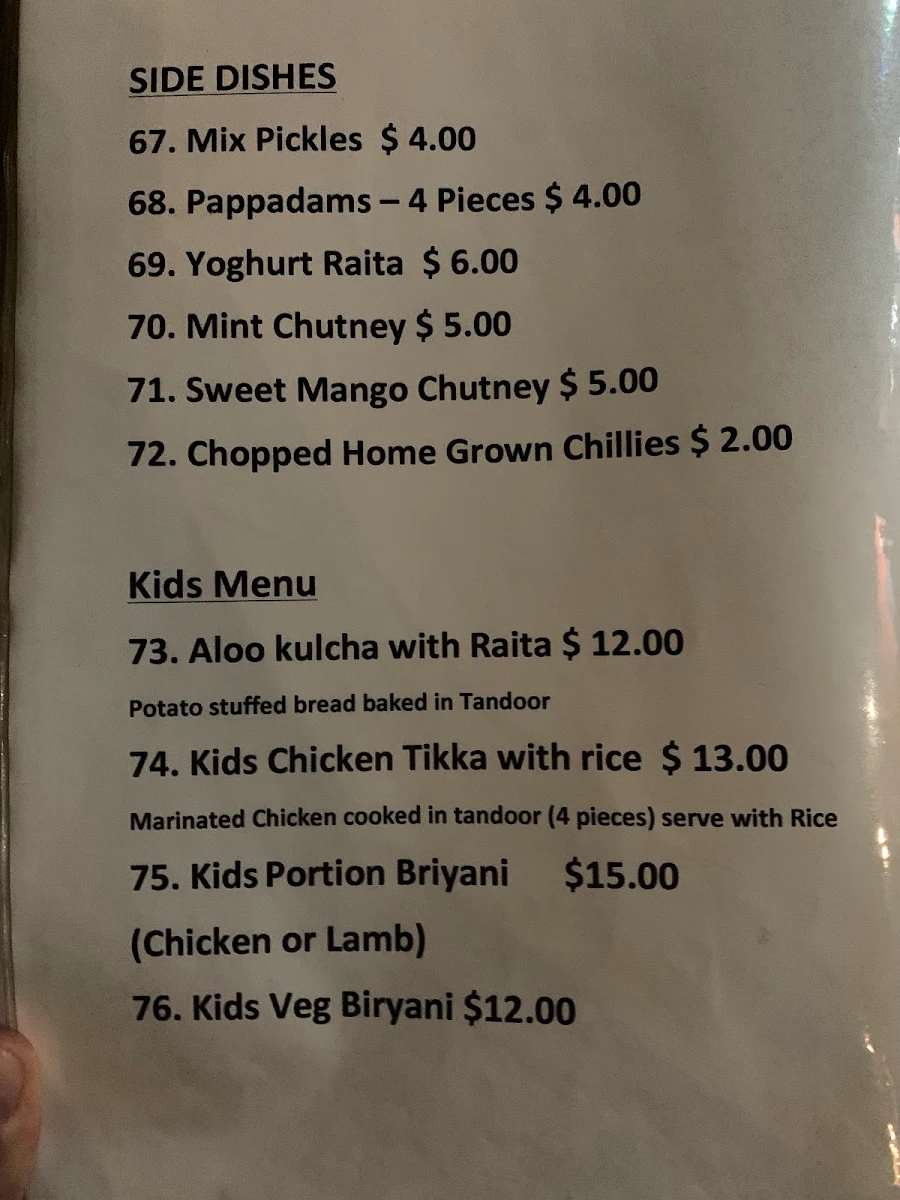 Menu, Little Indian Restaurant