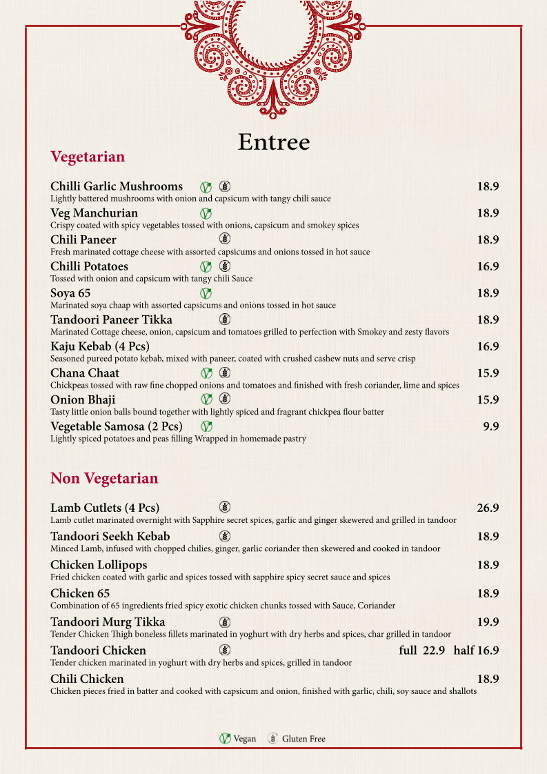 Menu, Sapphire Indian Restaurant